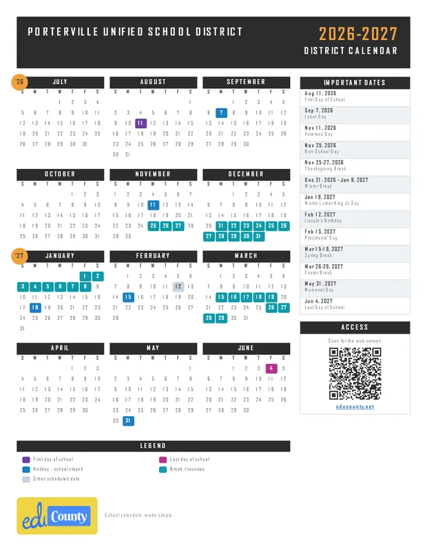 Porterville Unified School District PUSD printable 2026-27 calendar