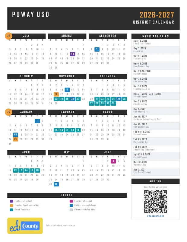 Poway usd Unified School District printable 2026-27 calendar