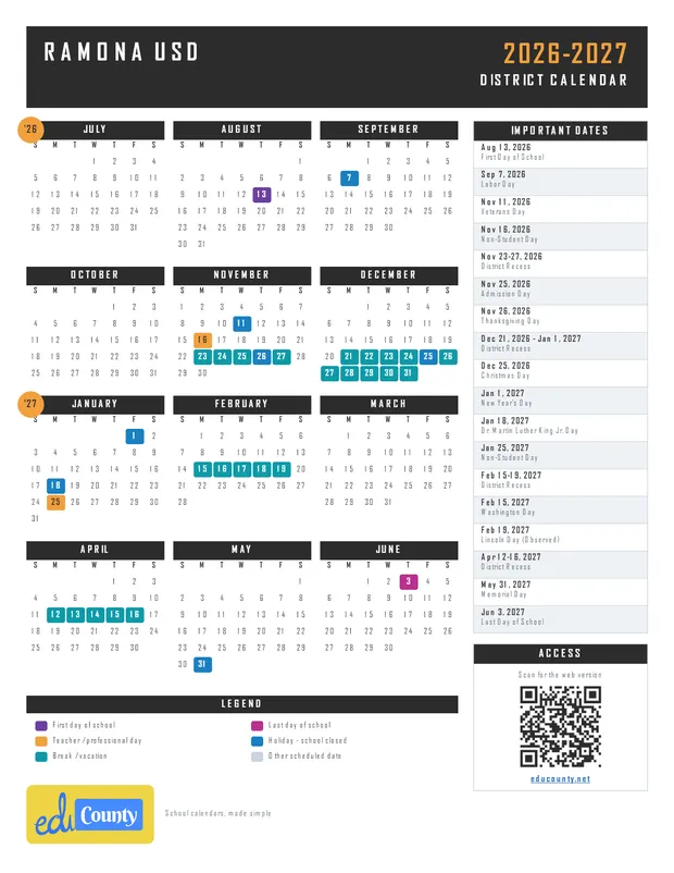 Ramona USD printable 2026-27 calendar