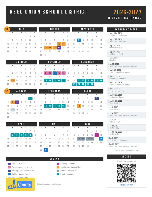 Reed Union School District printable 2026-27 calendar