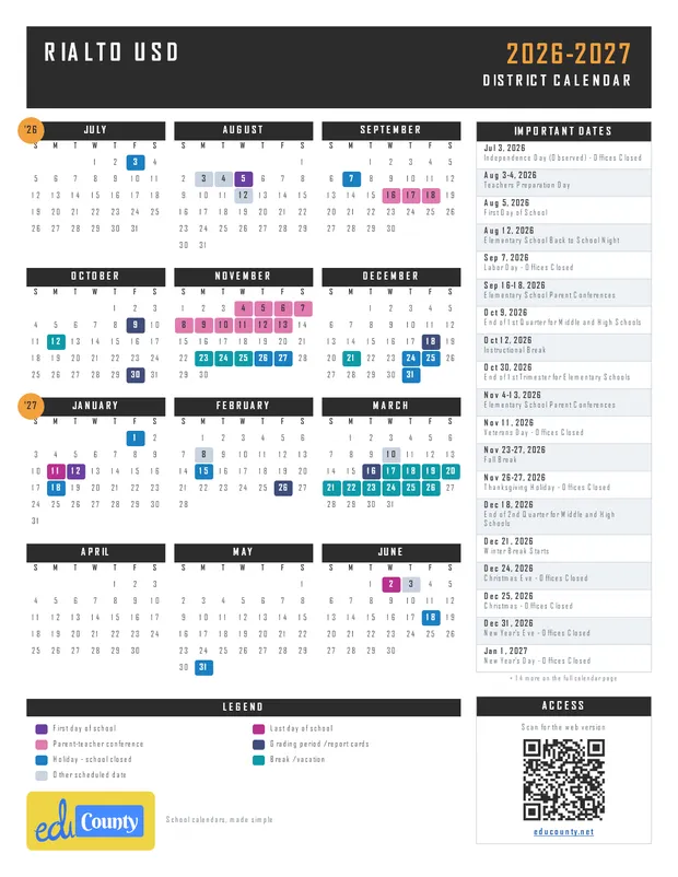 Rialto USD printable 2026-27 calendar