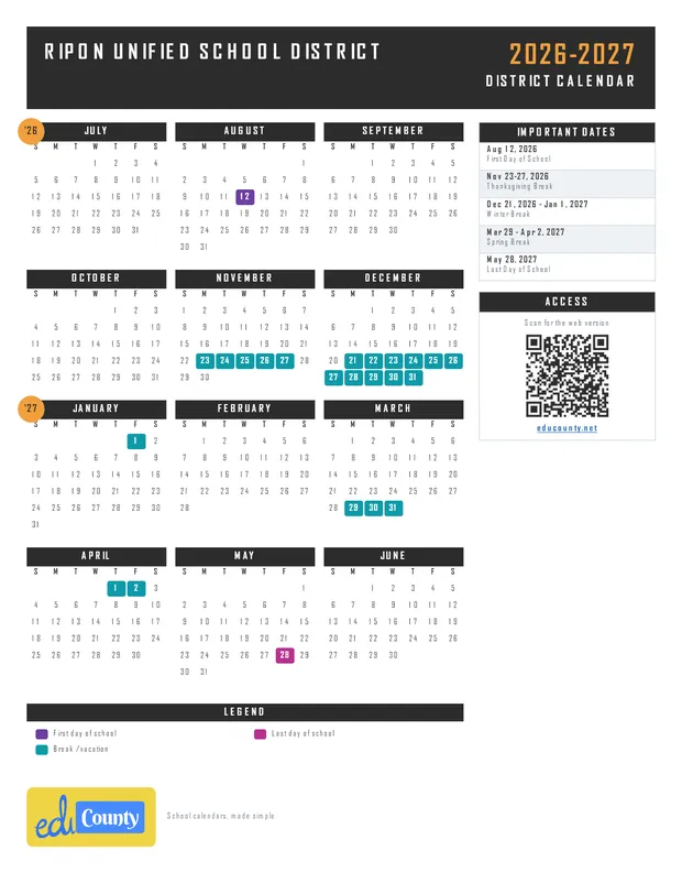 Ripon Unified School District printable 2026-27 calendar