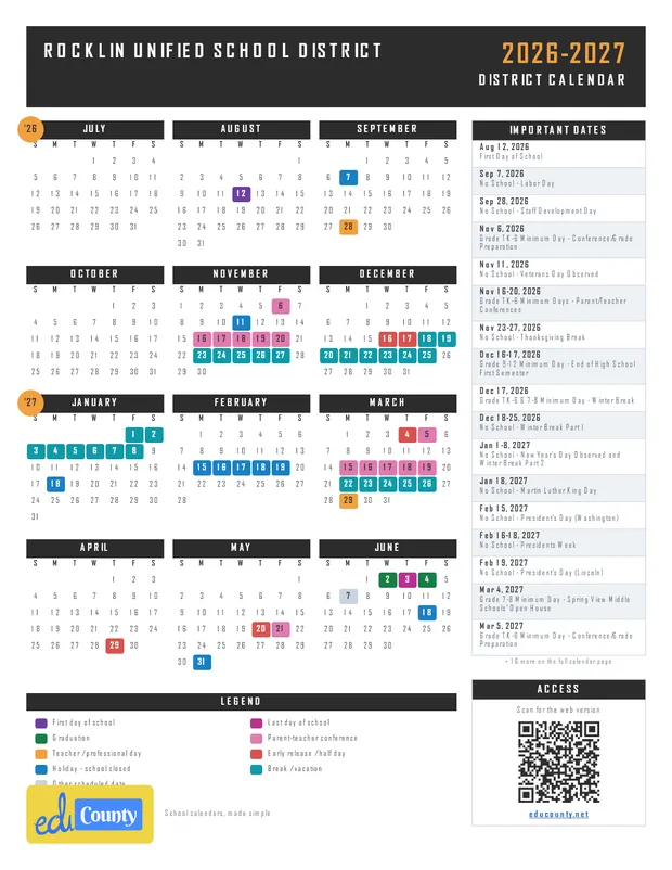 Rocklin Unified School District printable 2026-27 calendar