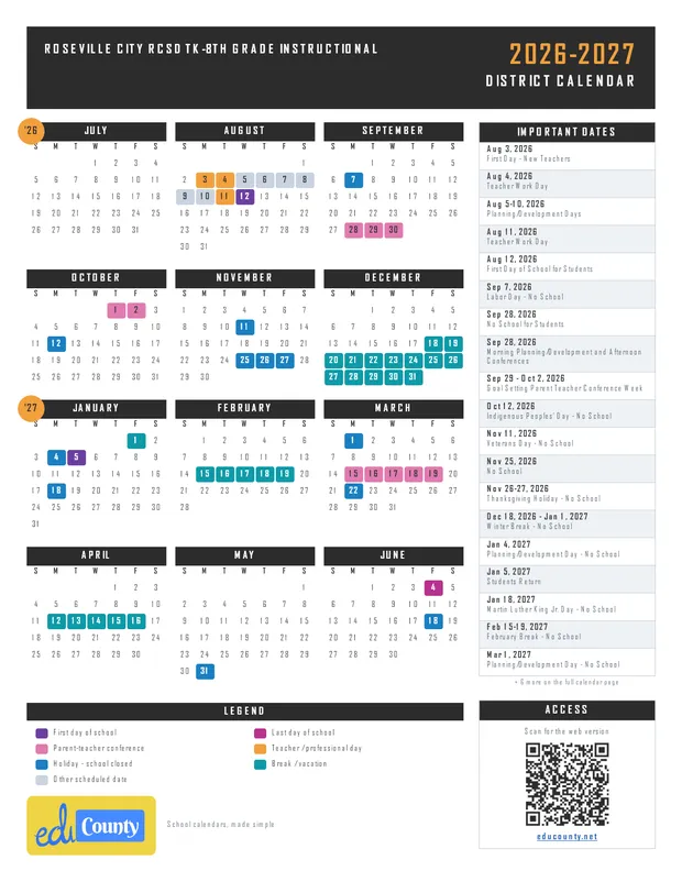 Roseville City RCSD TK-8th Grade Instructional printable 2026-27 calendar