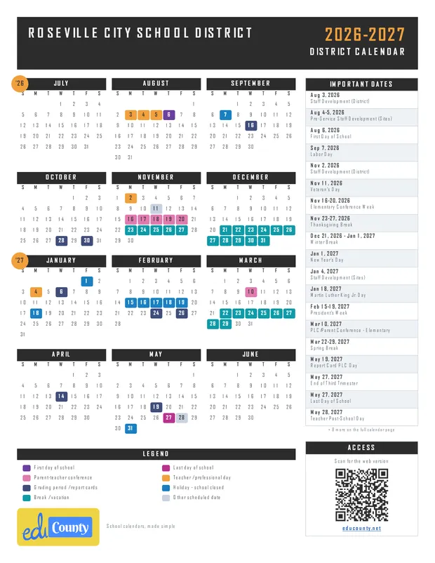 Roseville City School District printable 2026-27 calendar