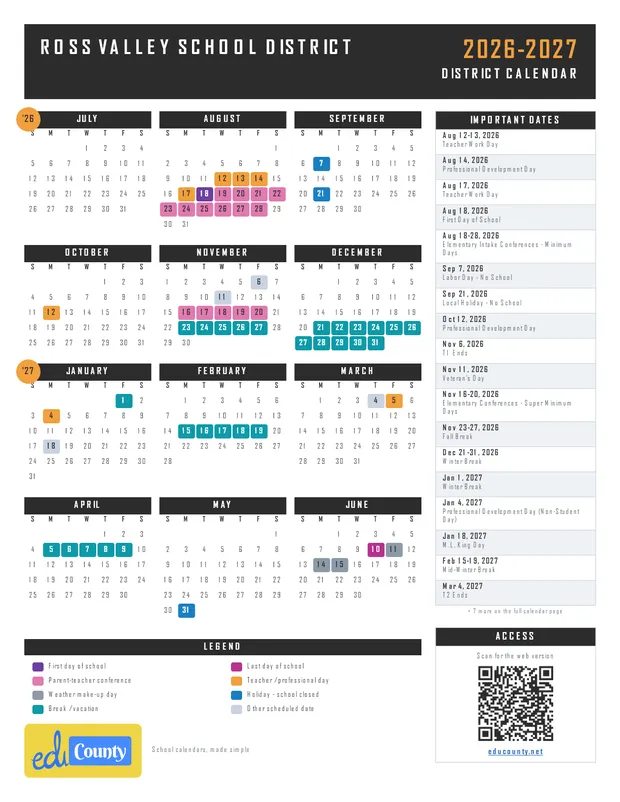 Ross Valley School District printable 2026-27 calendar