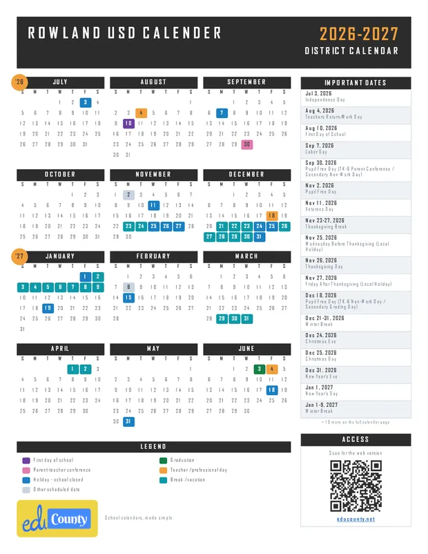 Rowland USD Calender printable 2026-27 calendar