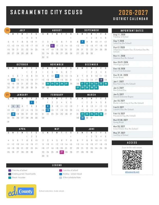 Sacramento City SCUSD printable 2026-27 calendar