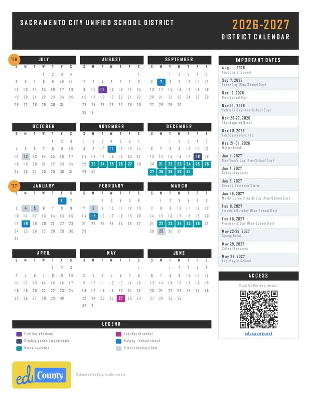 Sacramento City Unified School District printable 2026-27 calendar