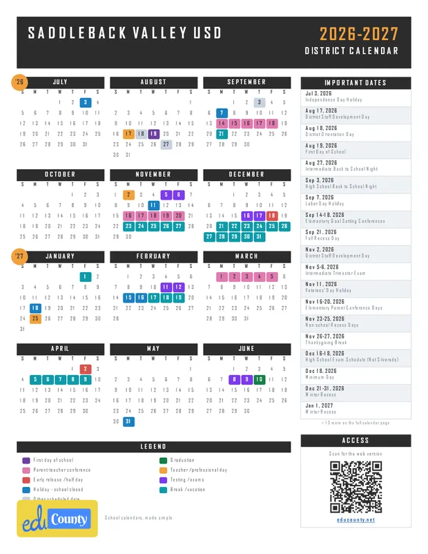 Saddleback Valley USD printable 2026-27 calendar