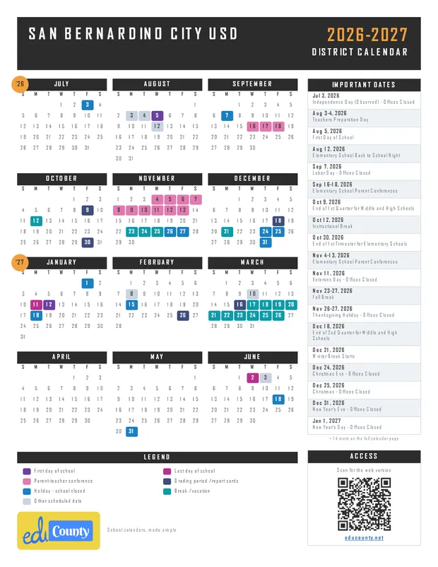 San Bernardino City USD printable 2026-27 calendar