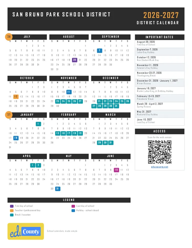 San Bruno Park School District printable 2026-27 calendar