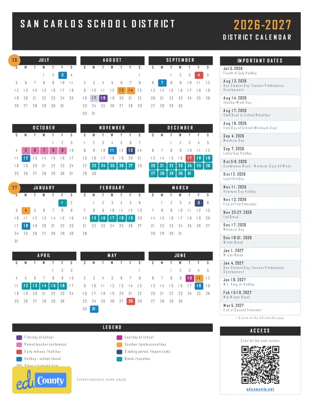 San Carlos School District printable 2026-27 calendar