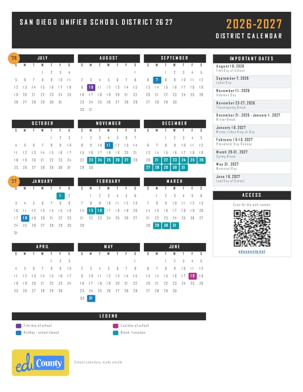 San Diego Unified school district 26 27 printable 2026-27 calendar