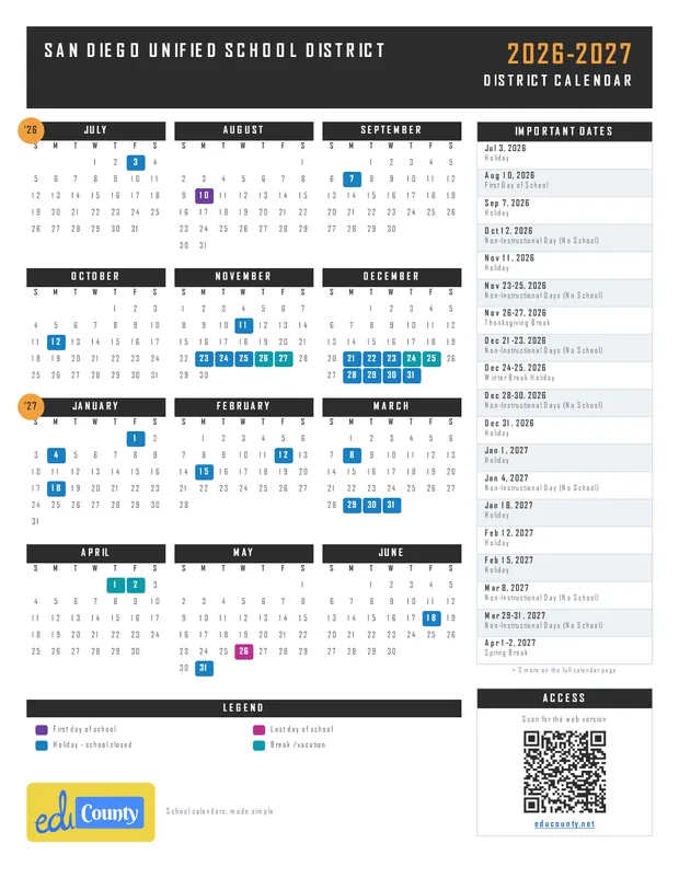 San Diego Unified School District printable 2026-27 calendar