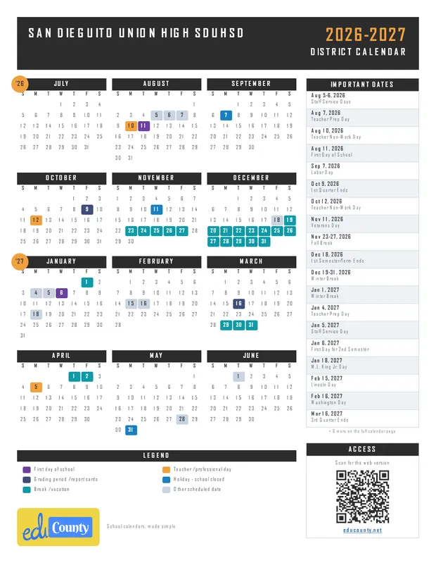 San Dieguito Union High SDUHSD printable 2026-27 calendar