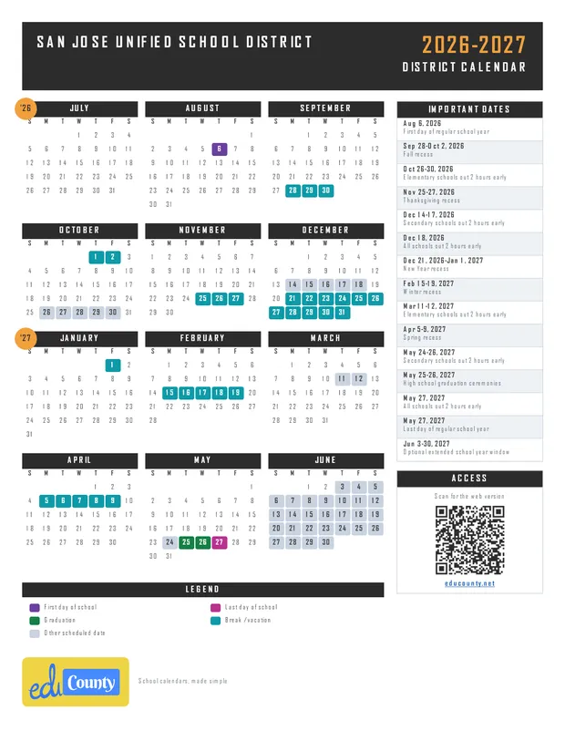 San José Unified School District SJUSD printable 2026-27 calendar