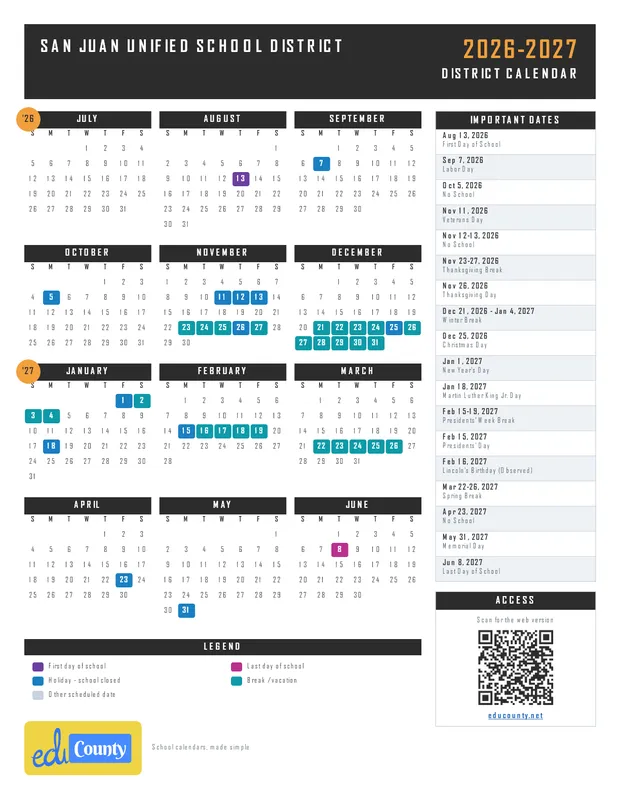 San Juan Unified School District printable 2026-27 calendar