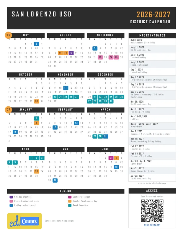 San Lorenzo Unified School District USD printable 2026-27 calendar