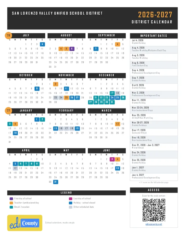 San Lorenzo Valley Unified School District printable 2026-27 calendar