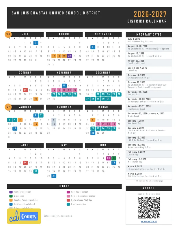 San Luis Coastal Unified School District printable 2026-27 calendar