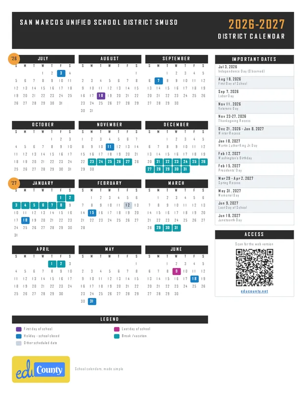San Marcos Unified School District smusd printable 2026-27 calendar