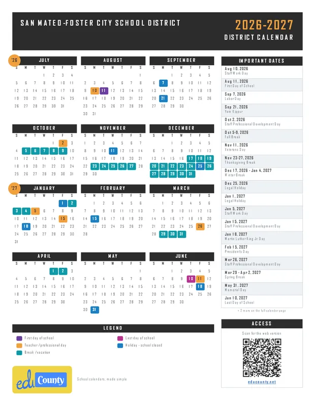 San Mateo-Foster City School District printable 2026-27 calendar