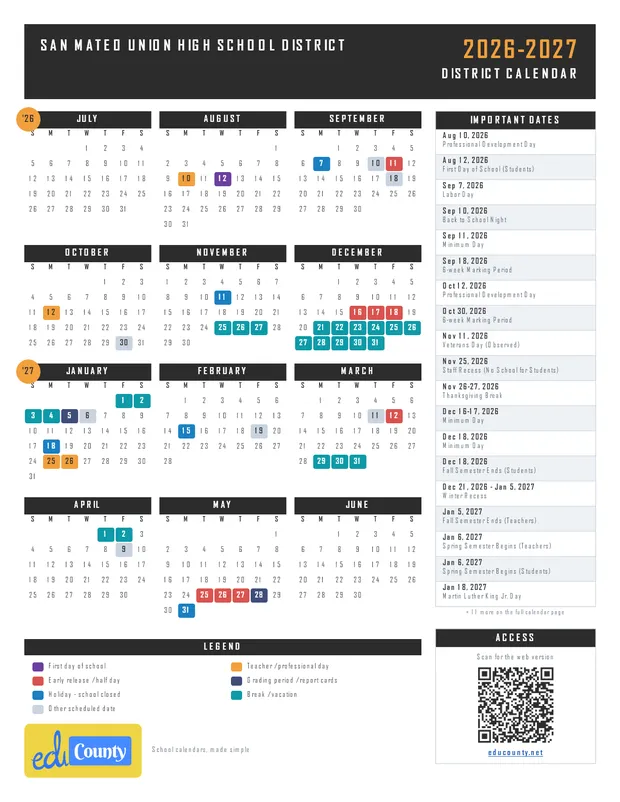 San Mateo Union High School District SMUHSD printable 2026-27 calendar