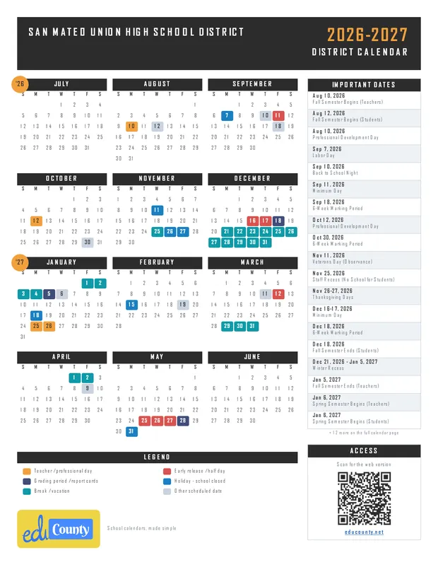 San Mateo Union High School District printable 2026-27 calendar