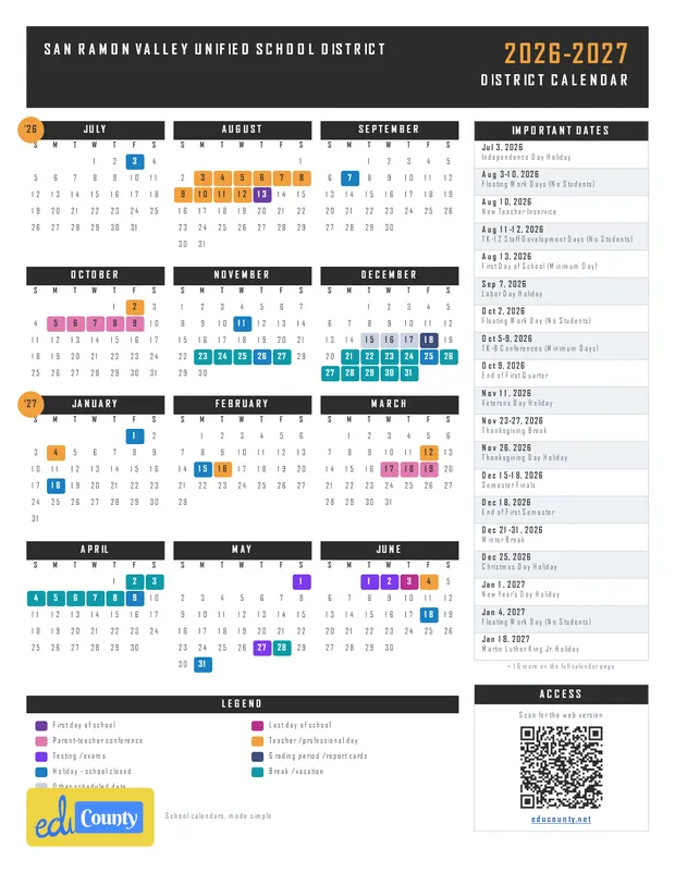 San Ramon Valley Unified School District printable 2026-27 calendar