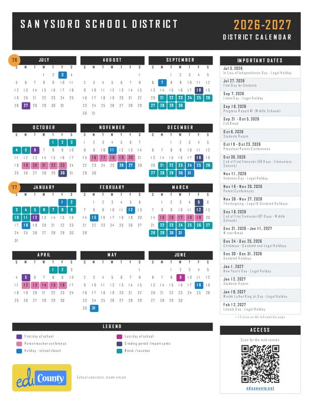 San Ysidro School District printable 2026-27 calendar