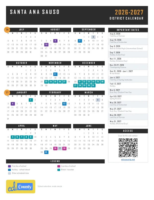 Santa Ana SAUSD printable 2026-27 calendar