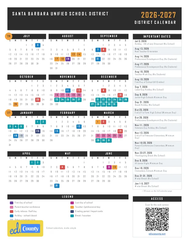 Santa Barbara Unified School District printable 2026-27 calendar