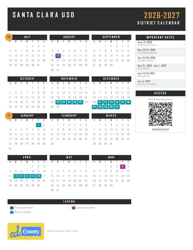 Santa Clara USD printable 2026-27 calendar