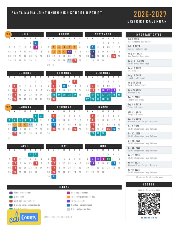 Santa Maria Joint Union High School District printable 2026-27 calendar