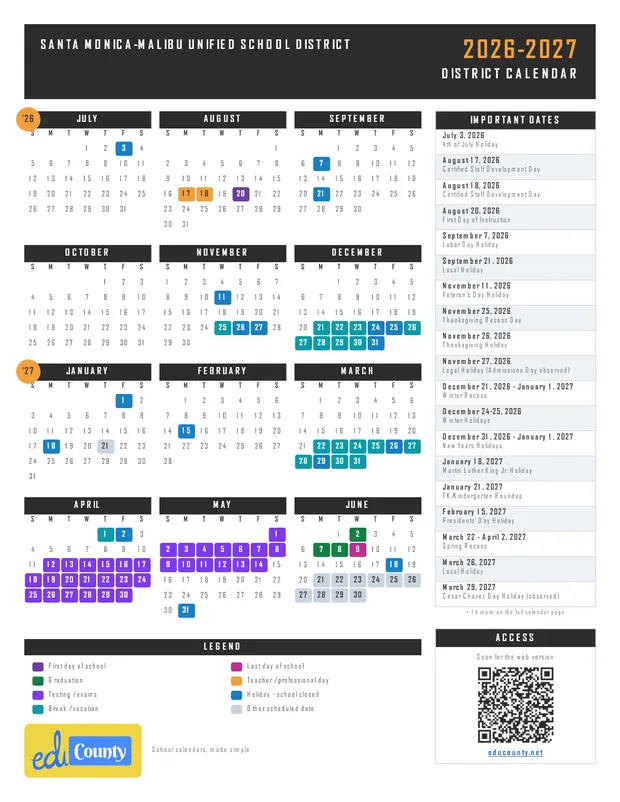 Santa Monica-Malibu Unified School District printable 2026-27 calendar