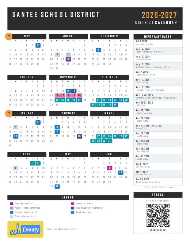 Santee School District printable 2026-27 calendar