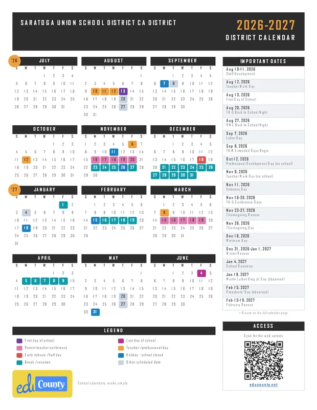 Saratoga Union School District ca District printable 2026-27 calendar