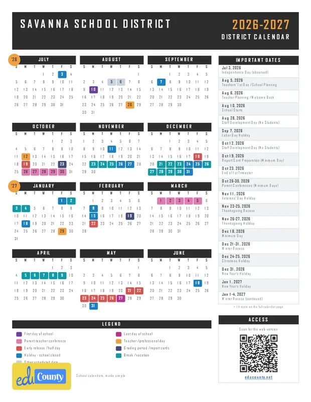 Savanna School District printable 2026-27 calendar
