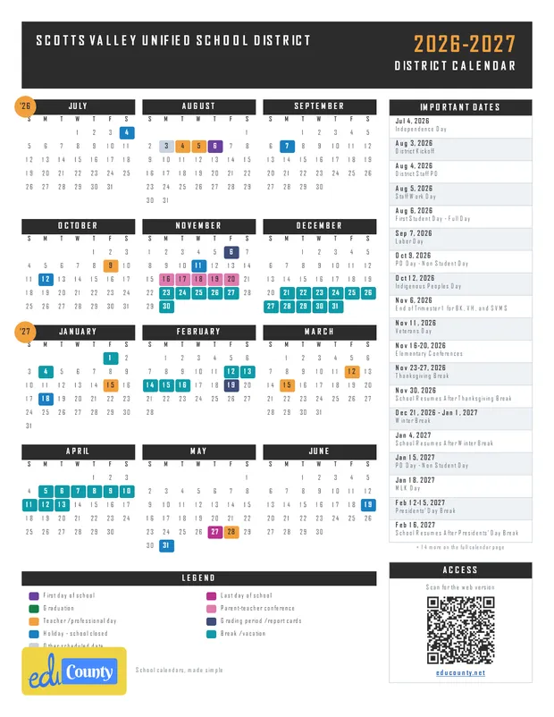Scotts Valley Unified School District printable 2026-27 calendar