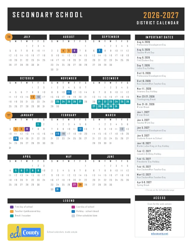 Secondary School printable 2026-27 calendar