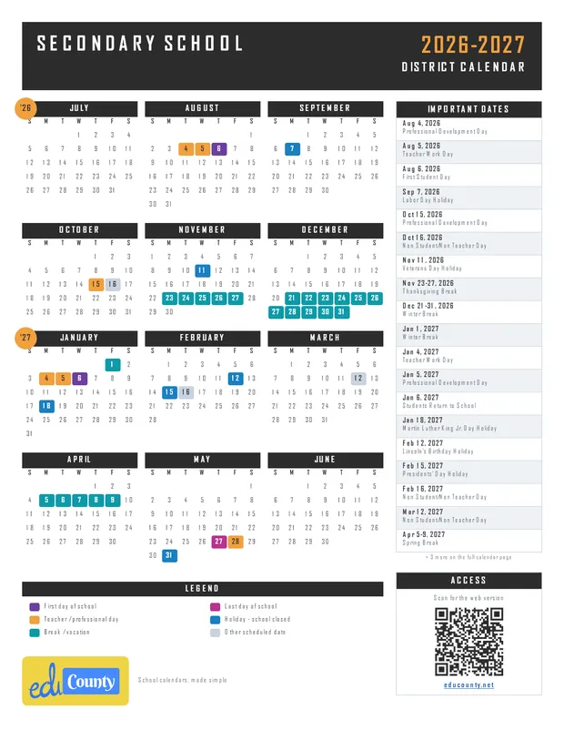 Secondary School printable 2026-27 calendar