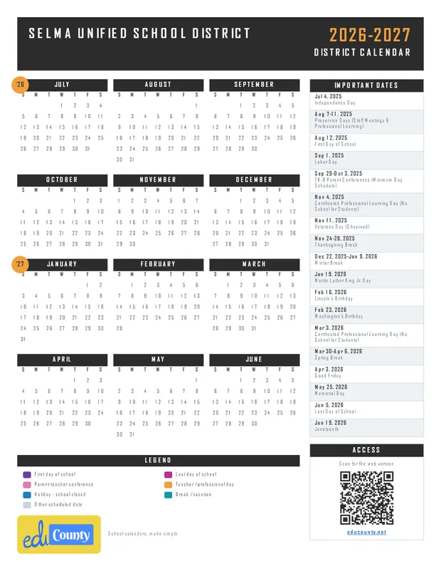 Selma Unified School District printable 2026-27 calendar