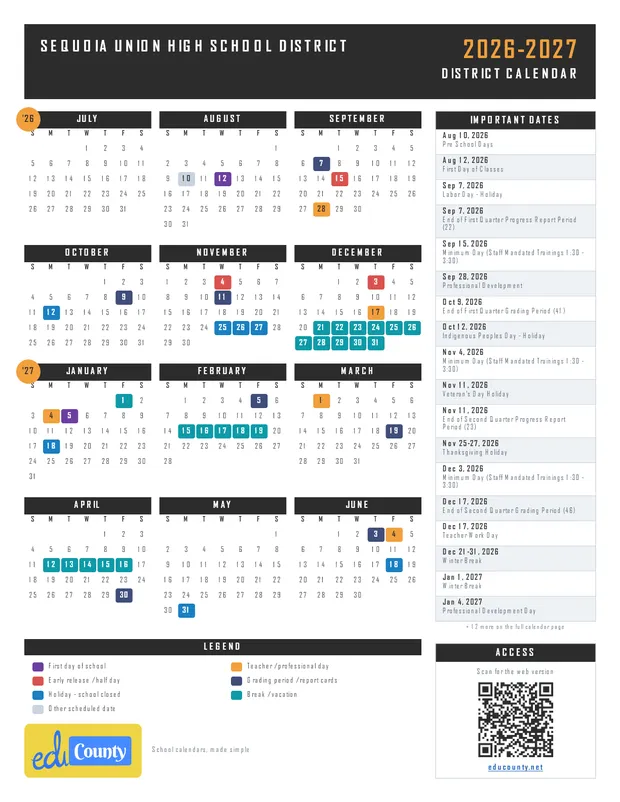 Sequoia Union High School District printable 2026-27 calendar
