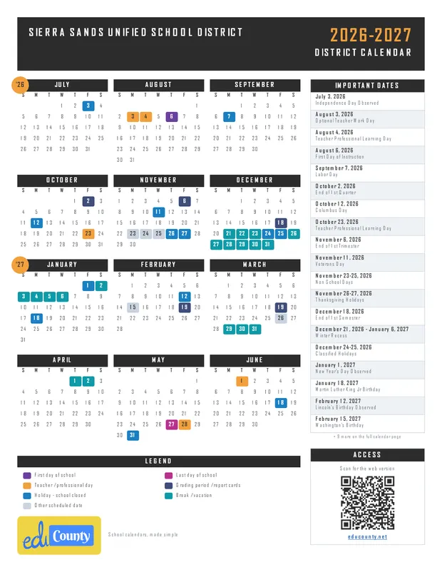 Sierra Sands Unified School District printable 2026-27 calendar