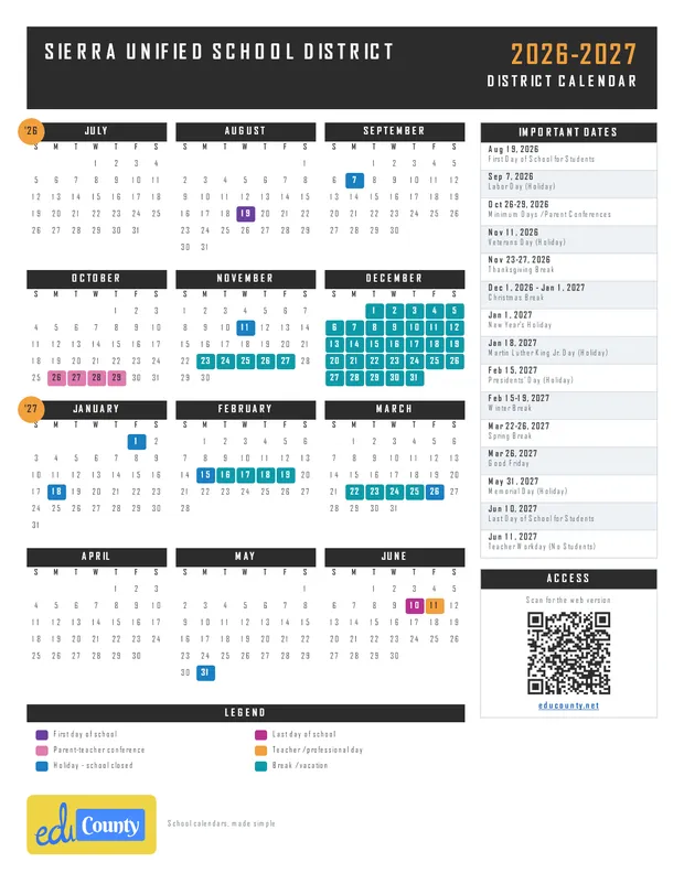 Sierra Unified School District printable 2026-27 calendar