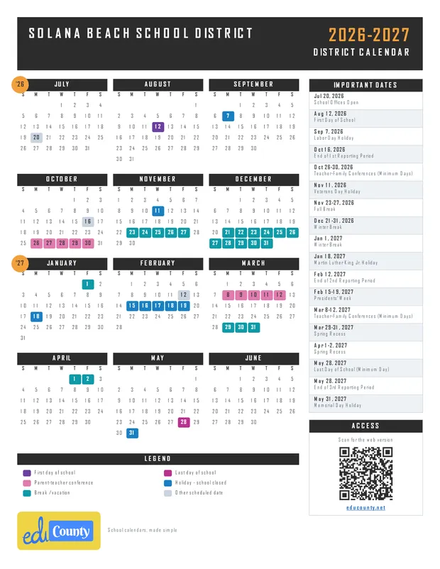 Solana Beach School District printable 2026-27 calendar