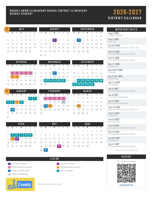 Soquel Union Elementary School District Elementary School Student printable 2026-27 calendar