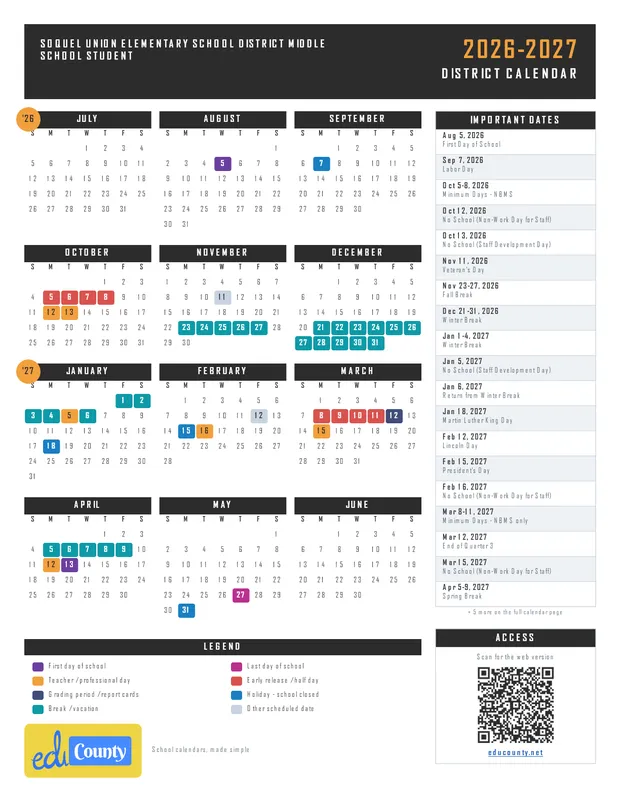 Soquel Union Elementary School District Middle School Student printable 2026-27 calendar