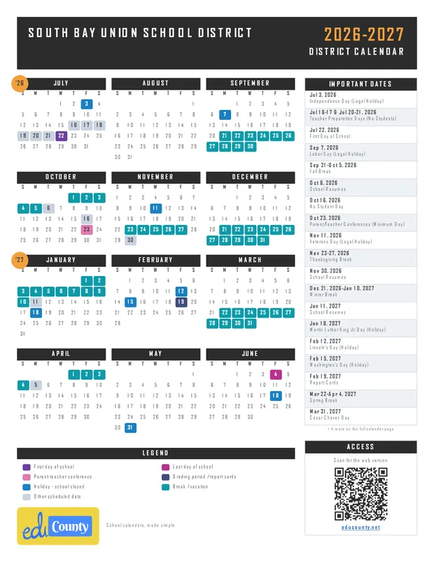 South Bay Union School District SBUSD printable 2026-27 calendar
